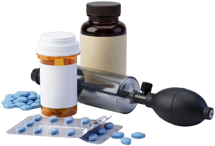 Pill bottles, a blister pack and a vacuum pump on a table