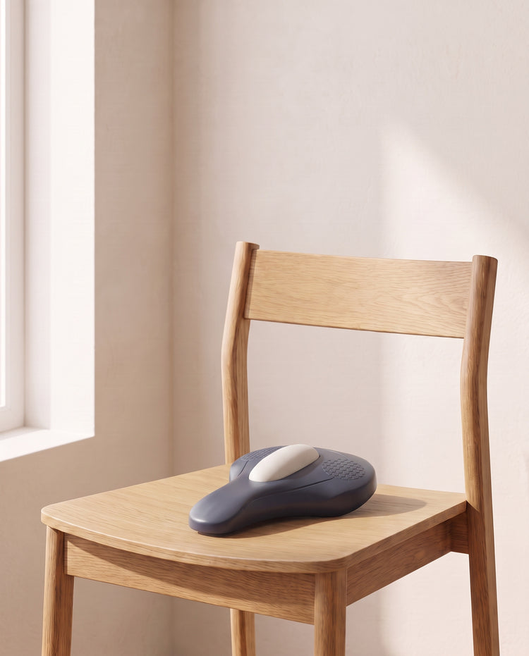 NeuroPulse resting on the seat of a wooden dining chair by a window
