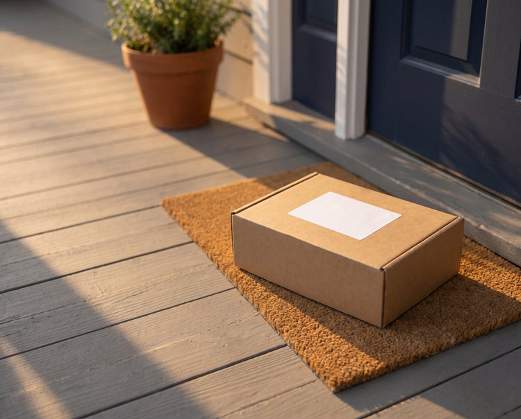 A plain, unmarked cardboard box on the doormat of a front porch in late afternoon light