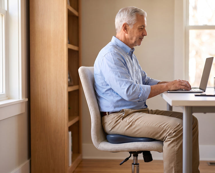 A man in his 60s working on his laptop at a home office desk, seated on NeuroPulse, fully clothed