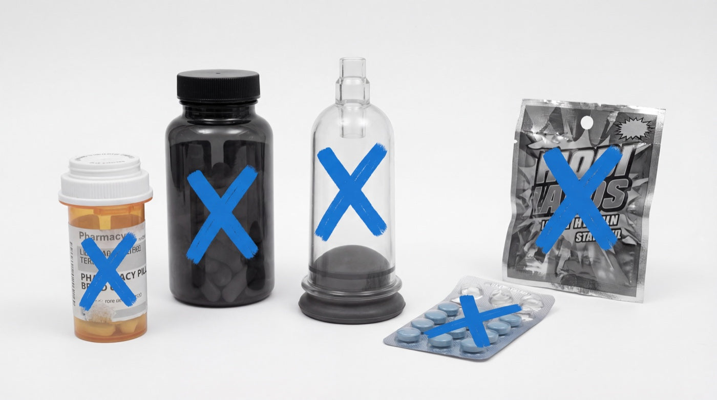 Various pills and supplements with X marks — none of them worked