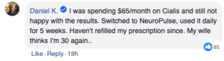 Facebook testimonial from Daniel K. about switching from Cialis to NeuroPulse